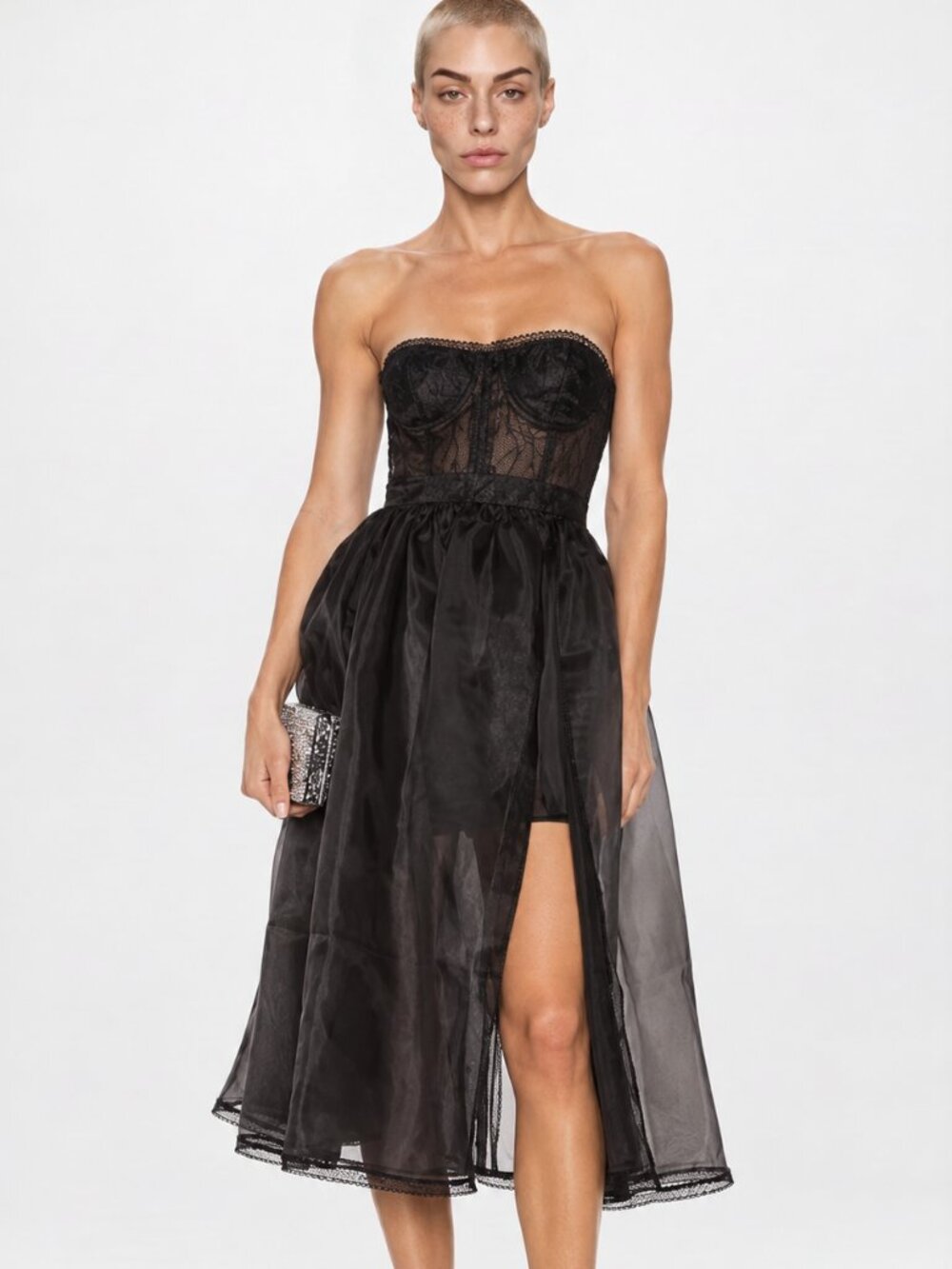 NWT NBD Imagine Black Corset Lace A-Line Midi Dress XS